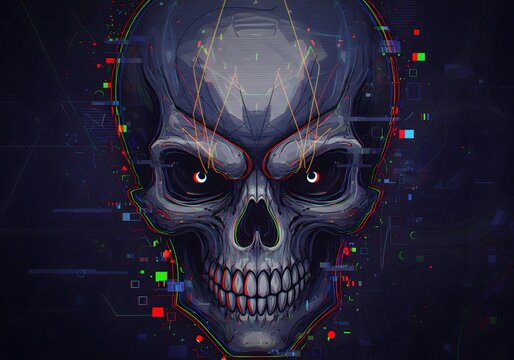 Menacing futuristic skull with glowing red eyes and digital glitch effects, a dark cyberpunk concept illustration of a virtual threat
