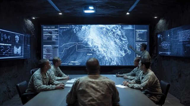 Military strategy meeting high-tech command center image dark environment overhead view tactical analysis