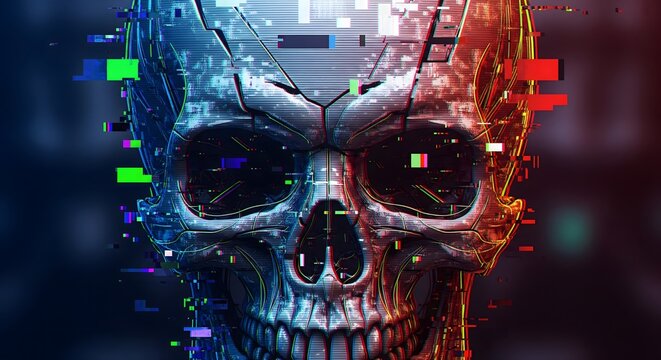 Menacing futuristic cybernetic skull displaying severe digital glitch artifacts and pixelation, symbolizing AI corruption, hacking, or a system failure