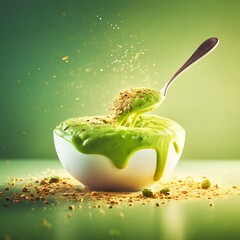 Green Smoothie Bowl Mockup with Spoon and Crumbs