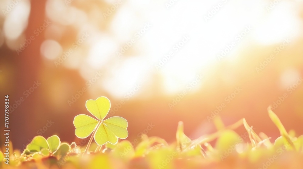 Poster sunlight filtering through trees illuminates a clover in a grassy field