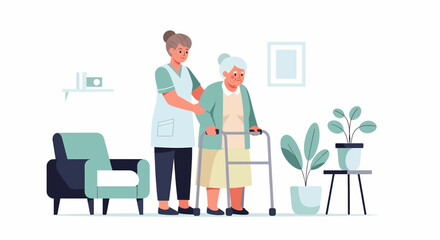 A kind caregiver gently assists an elderly woman with a walker, showcasing compassionate support in a serene home setting.