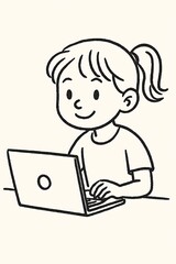Hand-drawn illustration of a young girl with a ponytail diligently studying online using a laptop, representing childhood e-learning