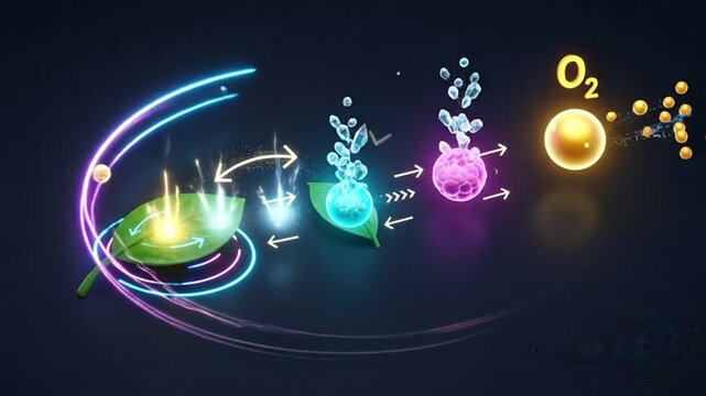 Futuristic Infographic Animation of Photosynthesis Cycle with CO₂ Intake, O₂ Release, and Water Molecules in Holographic 3D Science Visualization