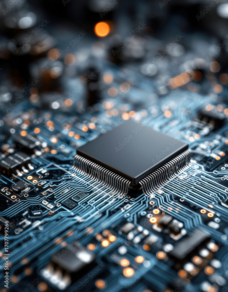 Poster close-up view of a computer chip on a circuit board with light reflections