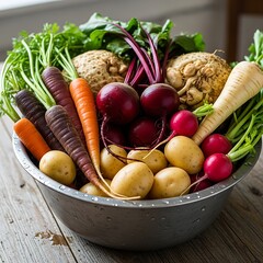 A variety of fresh vegetables, including carrots, beets, potatoes, radishes, and parsnips, are displayed in a metal bowl.