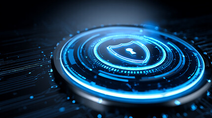 Digital security interface with glowing shield symbol on futuristic circuit board background