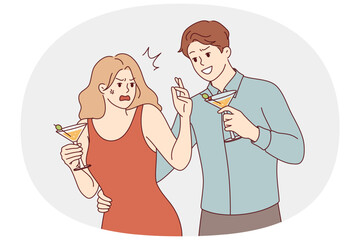 Harassment during party from man showing signs of attention to woman who does not want to communicate. Problem of harassment and crossing personal boundaries in bars due to alcohol consumption