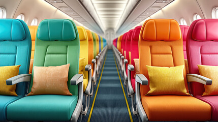 Colorful Airline Interior with Vibrant Seats and Accent Pillows in Modern Aircraft Cabin