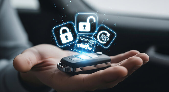 Hand holding a car key with holographic icons for locking, unlocking, and engine start, representing smart car technology