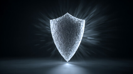 A glowing, translucent shield with a crystalline texture emits radiant light against a dark background.