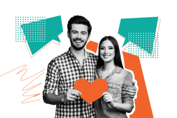 Composite photo collage of happy girl guy love couple bonding hold heart postcard like affection sympathy isolated on painted background