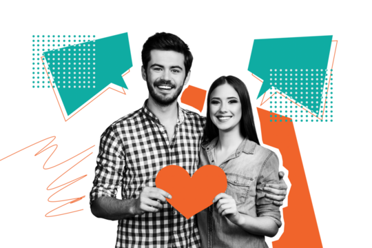 Composite photo collage of happy girl guy love couple bonding hold heart postcard like affection sympathy isolated on painted background