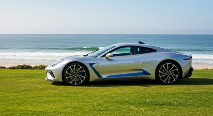 Modern exotic sports car on green grass and ocean view at the background, Generative AI
