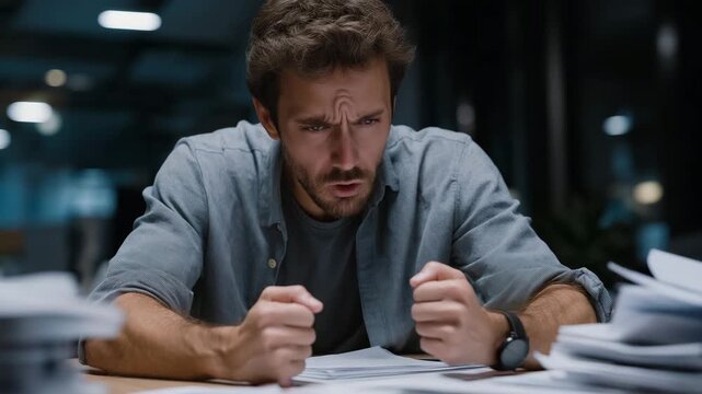 Man in wrinkled shirt leaning forward at messy desk, exhaling frustration while staring at chaotic pile of documents and financial reports, clenched fists, tense shoulders, dim office lighting
