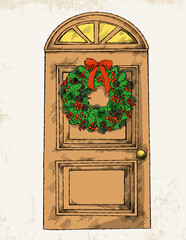 Hand-drawn illustration of an entrance door decorated with a Christmas wreath.