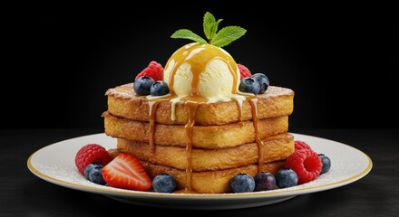 Golden french toast stack delight topped with ice cream caramel fresh berries and mint garnish a sweet treat for breakfast or dessert