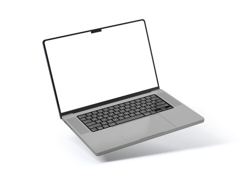 Modern silver laptop with blank screen floating on white background