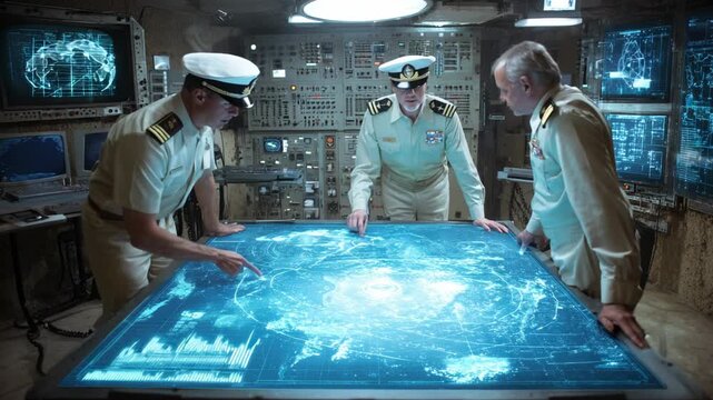 Strategic military planning session naval command center digital display high-tech environment collaborative viewpoint