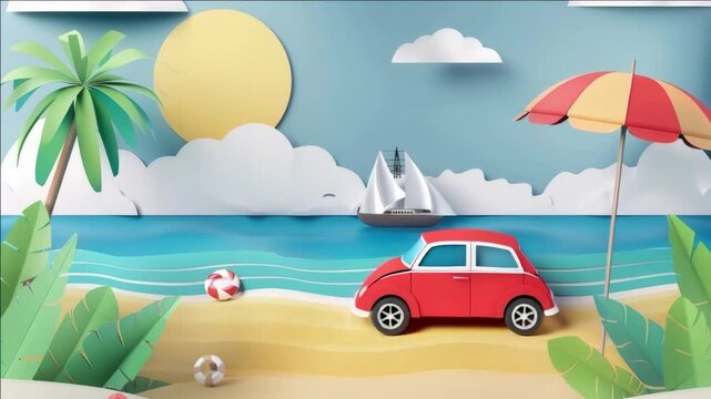A cheerful beach holiday theme featuring a red car, umbrella, palm trees, soccer ball, ship and sunset. Ideal for vacation planners or travel lovers.