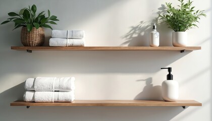Minimalist spa-like bathroom interior with wooden shelves. White towels, green plants, soap dispensers create tranquil, organized space. Interior design with neutral tones, harmony, cleanliness,
