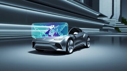 Sleek electric car projecting holographic navigation interface against contemporary architectural backdrop, highlighting advanced automotive technology - Powered by Adobe