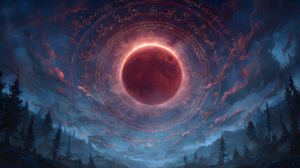 Mystical solar eclipse with ancient symbols and cosmic circle