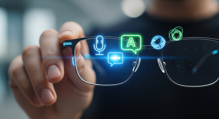 Person wearing smart glasses with holographic icons of communication, translation, and voice recognition floating in front