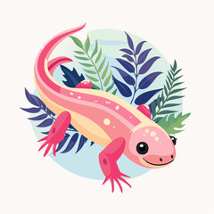 Pink Salamander With Tropical Foliage On Blue Circle