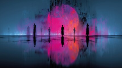 Silhouettes humaines contemplant une installation lumineuse rose et bleue