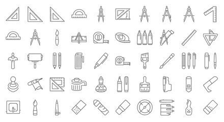 A collection of outlined drafting and drawing tools including rulers, compasses, protractors, pencils, erasers, and brushes, arranged in a grid pattern.