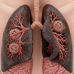 Detailed anatomical illustration of diseased lungs, showcasing the intricate bronchial tree and damaged tissue structures.