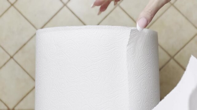 Hand tearing off paper towel sheet from roll in kitchen close up. Household cleaning, hygiene, domestic supplies concept