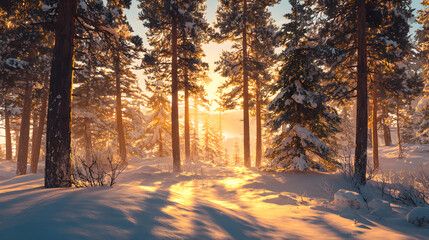 Winter Forest with Sunlight and Snow Shadows