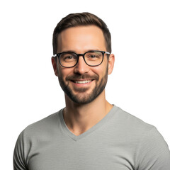 Fototapeta premium Smiling man with glasses and beard in a gray t-shirt portrait transparent background