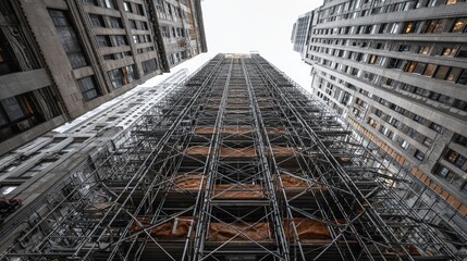 Perspective View of Tall Building Under Construction with Scaffolding and Clear Sky Above Urban Setting