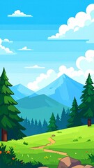 Vibrant cartoon landscape illustration with a winding path, green hills, pine trees, and majestic mountains under a bright sky, evoking a sense of peaceful nature