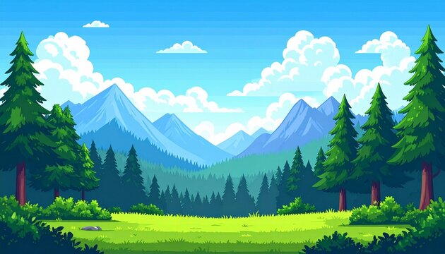A vibrant pixel art landscape capturing a serene mountain valley, reminiscent of a classic 8-bit video game background with a forest and meadow