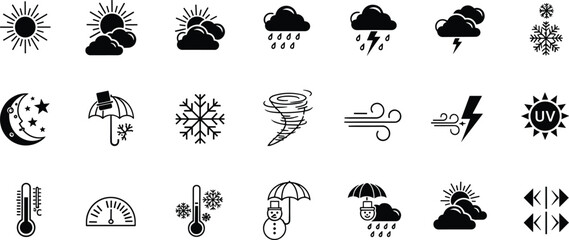 Weather, icon, set, sun, cloud, rain, lightning, snowflake, wind, umbre, barometer, to