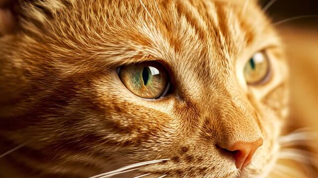 Close-up image of a cat's face featuring striking eyes, whiskers, and unique fur patterns in natural soft lighting