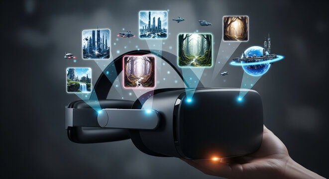 Hand holding vr headset displaying holographic images of futuristic cities, alien planets, and fantasy landscapes, representing virtual reality experiences - Powered by Adobe