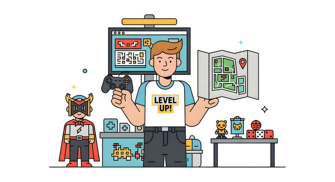 Happy gamer holding a controller and map, surrounded by gaming accessories and a superhero figurine.