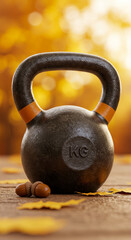 Fototapeta premium Kettlebell with autumn acorns on wooden table, fitness and nature balance