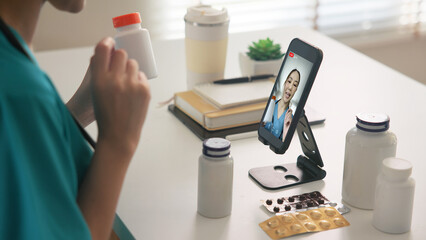 Asia woman people anti aging expert modern health care vlogger live advice talk selfie video mobile phone camera. Online retail diet weight loss digital virtual asian filming vitamin c pill drug store