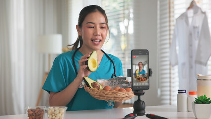 Asia woman people anti aging expert modern health care vlogger live advice talk selfie video mobile...