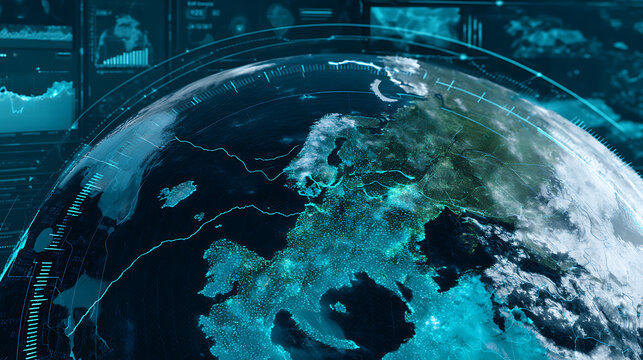 Digital globe visualization of Earth with Europe highlighted, featuring data overlays and technological interface elements - Powered by Adobe