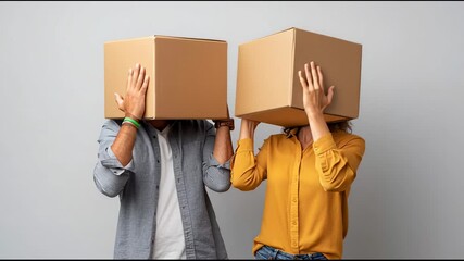 Playful homeowners cover their heads with moving boxes, expressing excitement and anticipation about their new property isolated on a white background