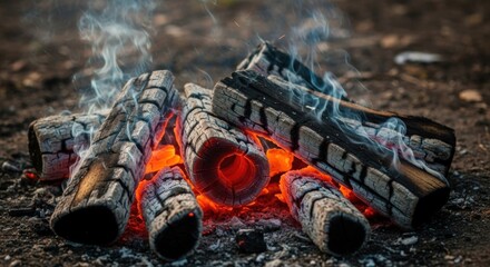 A close-up captures a wood fire, glowing embers under gray logs, wisps of smoke rising from the scene