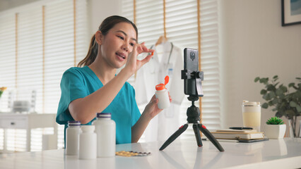 Asia woman people anti aging expert modern health care vlogger live advice talk selfie video mobile...