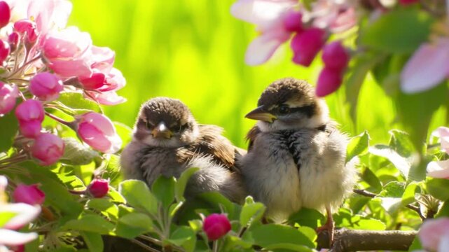 Two baby sparrows sitting on blooming branch in spring garden, cute birds surrounded by pink flowers and green leaves, sunlight bokeh background, wildlife nature love and innocence scene
